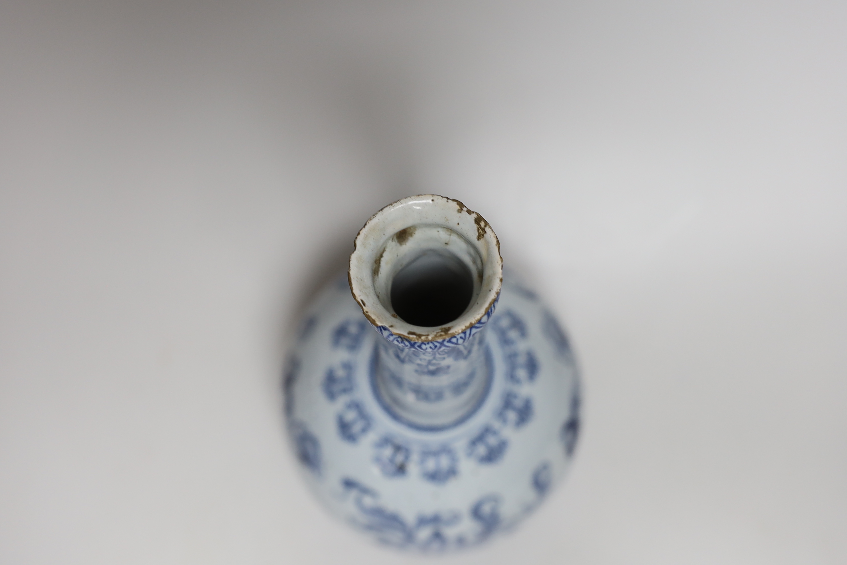 A mid 18th century English delftware chinoiserie bottle vase (guglet), 27cm high